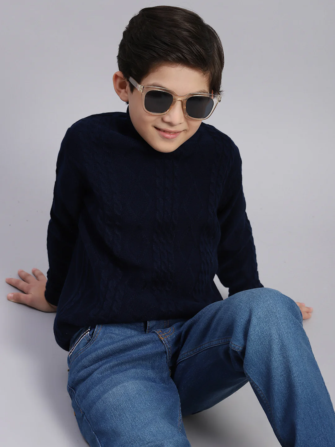 Boys Navy Blue Self Design T Neck Full Sleeve Sweater - Image 2