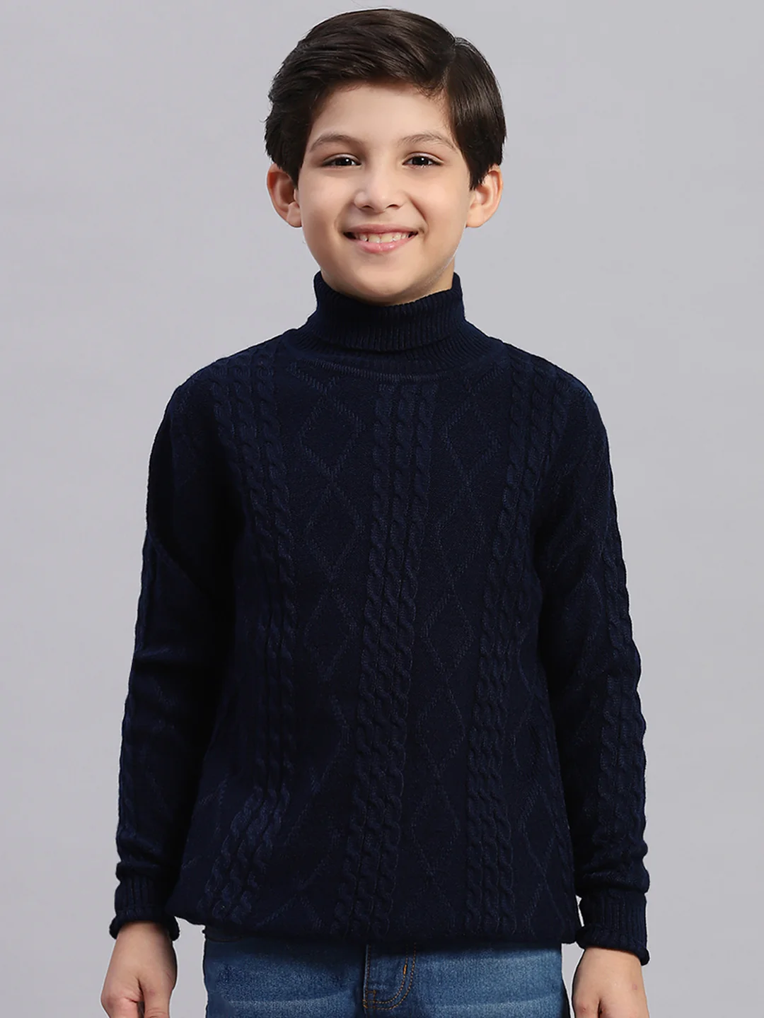 Boys Navy Blue Self Design T Neck Full Sleeve Sweater - Image 3