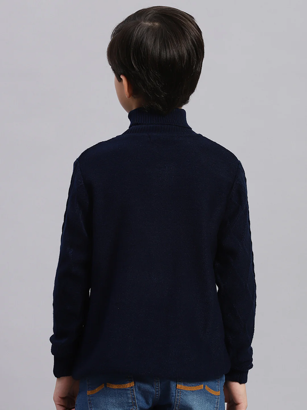 Boys Navy Blue Self Design T Neck Full Sleeve Sweater - Image 4