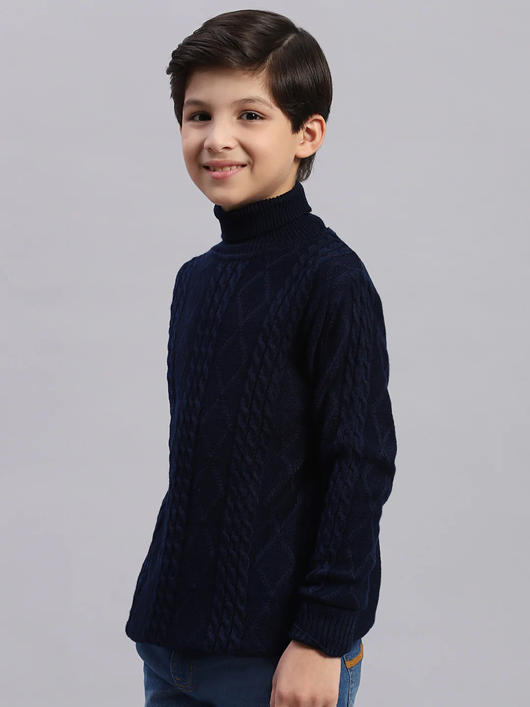 Boys Navy Blue Self Design T Neck Full Sleeve Sweater - Image 5