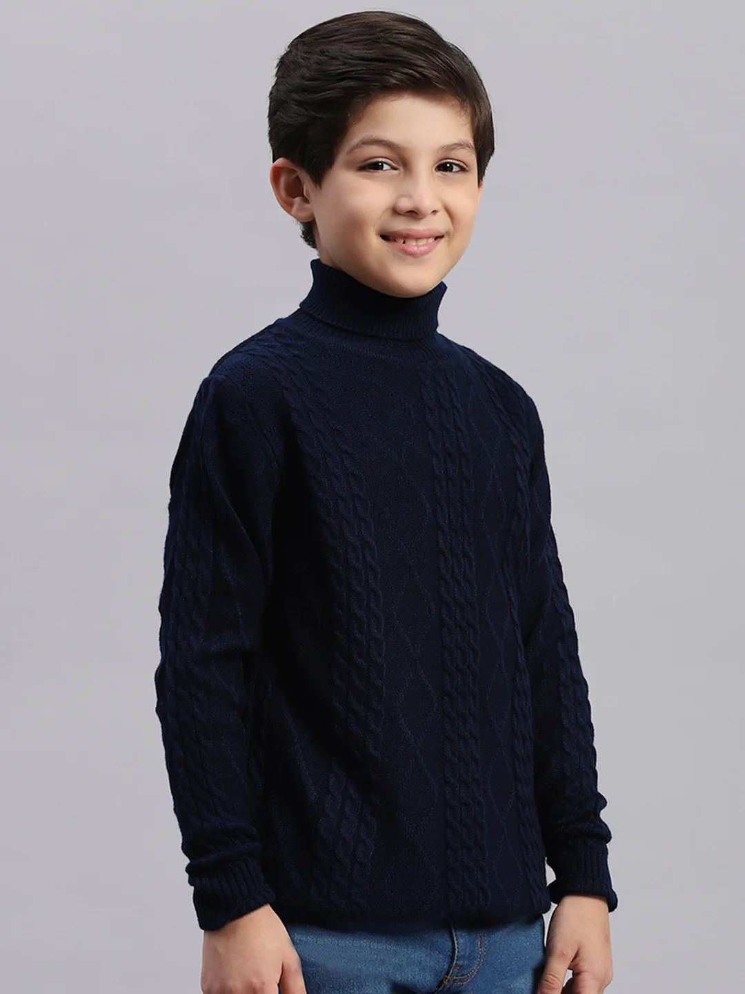 Boys Navy Blue Self Design T Neck Full Sleeve Sweater - Image 6