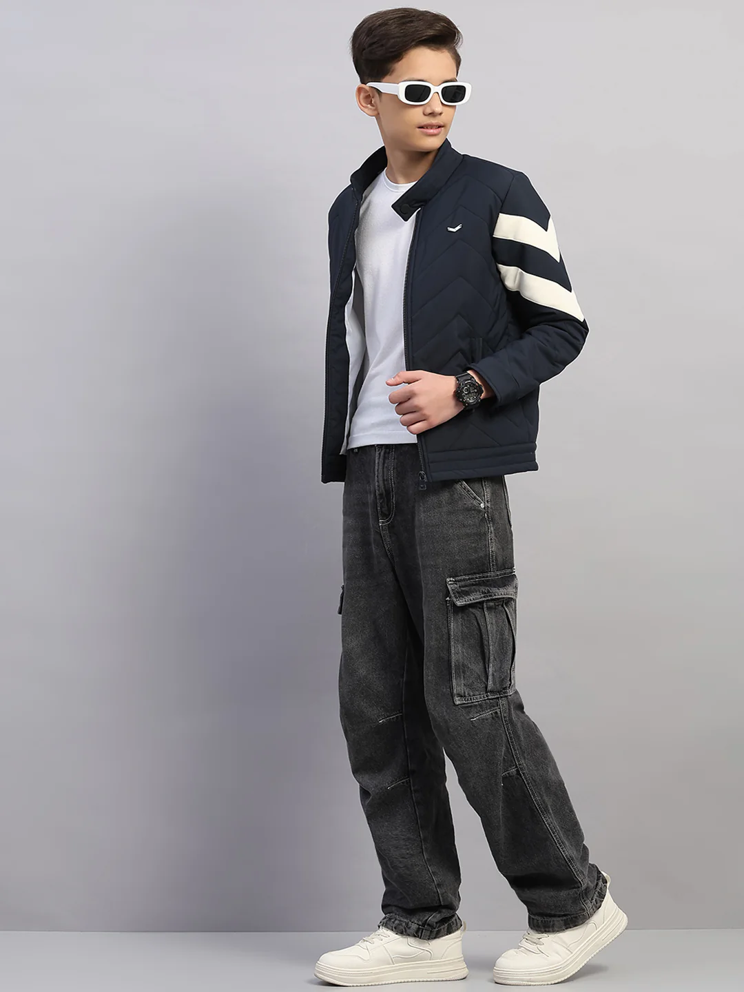 Boys Navy Blue Solid Collar Full Sleeve Jacket - Image 2