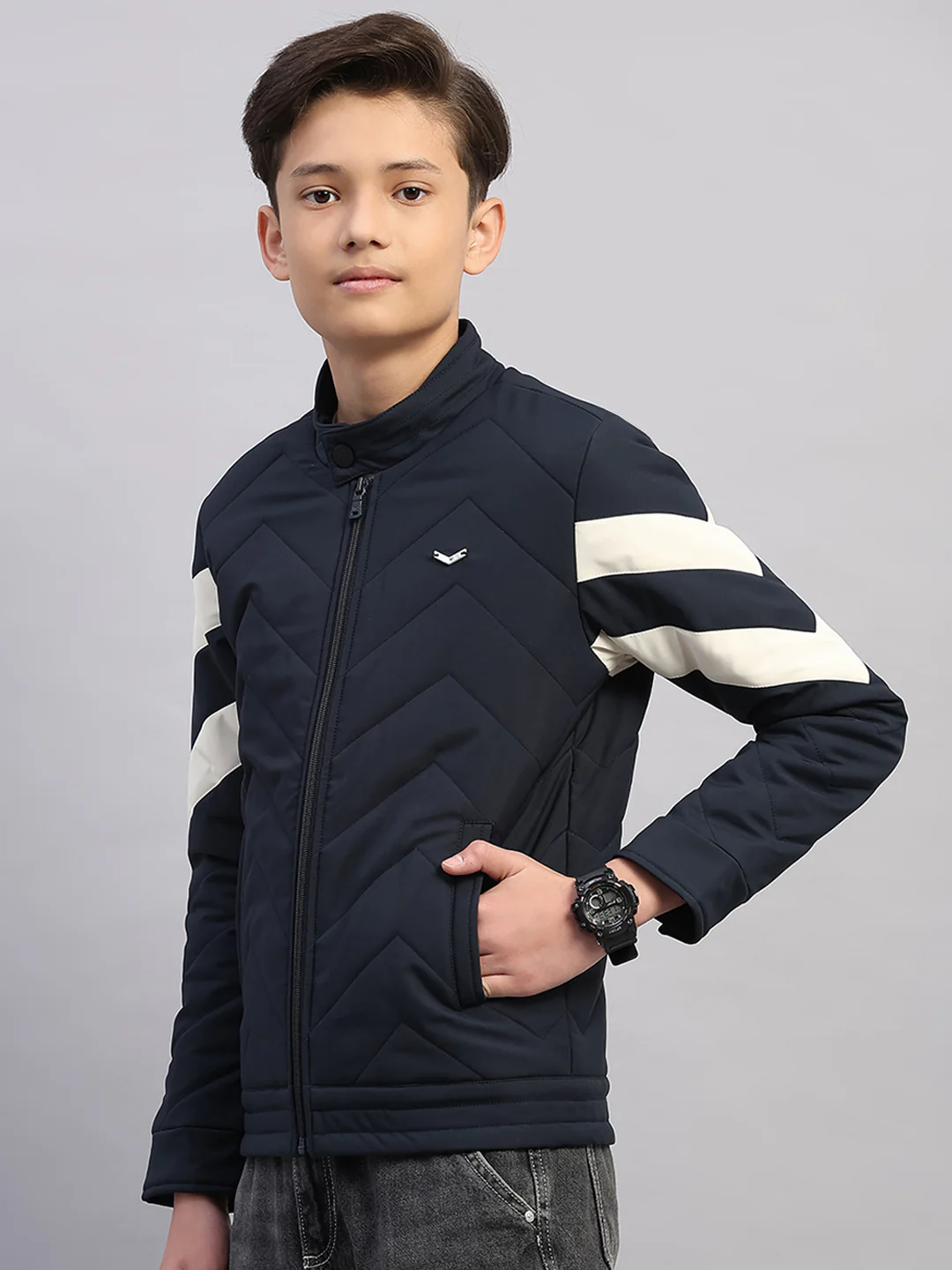 Boys Navy Blue Solid Collar Full Sleeve Jacket - Image 3