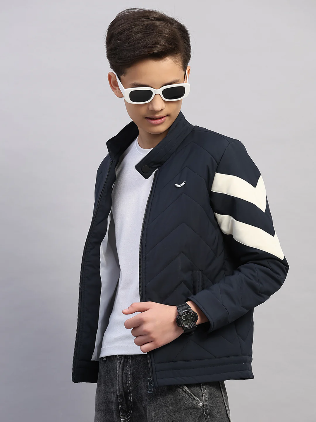 Boys Navy Blue Solid Collar Full Sleeve Jacket - Image 6