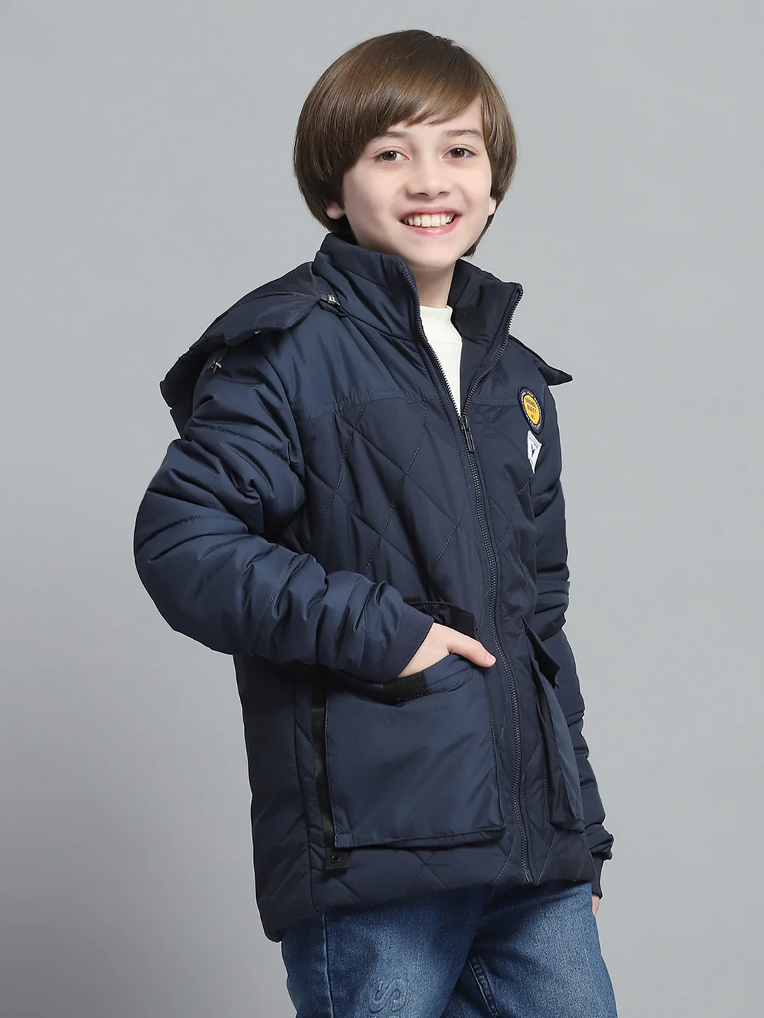 Boys Navy Blue Solid Hooded Full Sleeve Jacket - Image 4