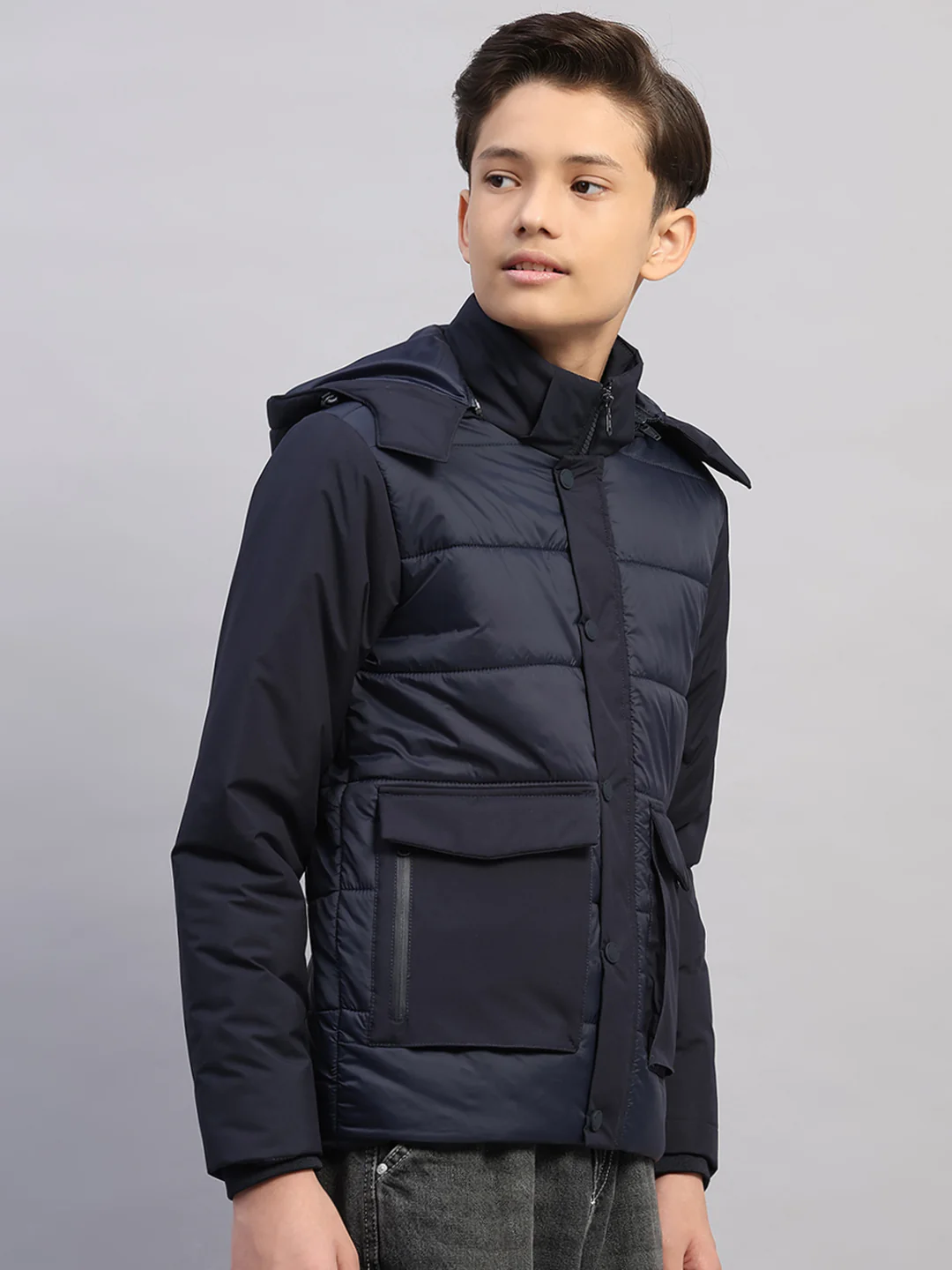 Boys Navy Blue Solid Hooded Full Sleeve Jacket - Image 4