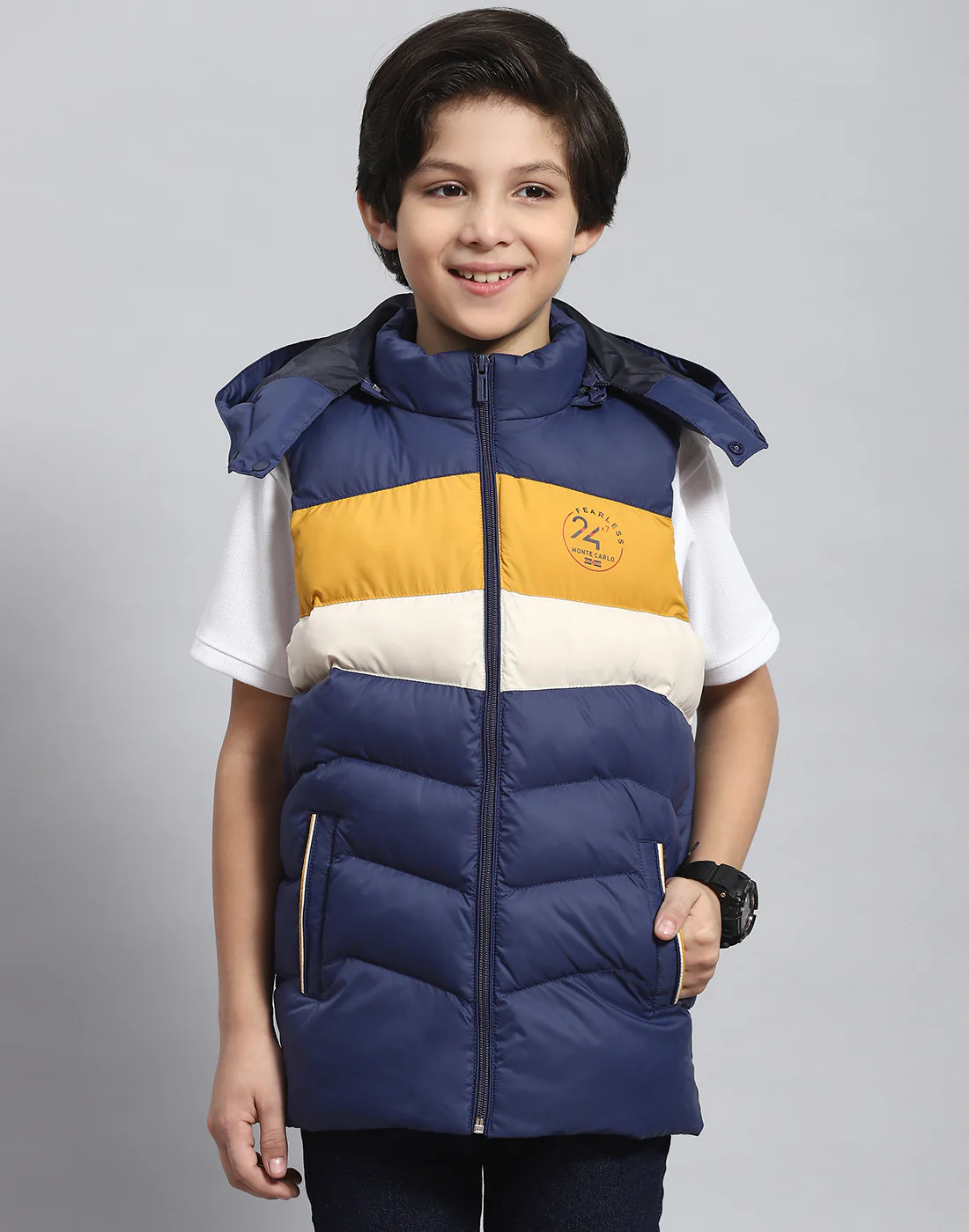 Boys Navy Blue Solid Hooded Sleeveless Boys Jacket - Image 2