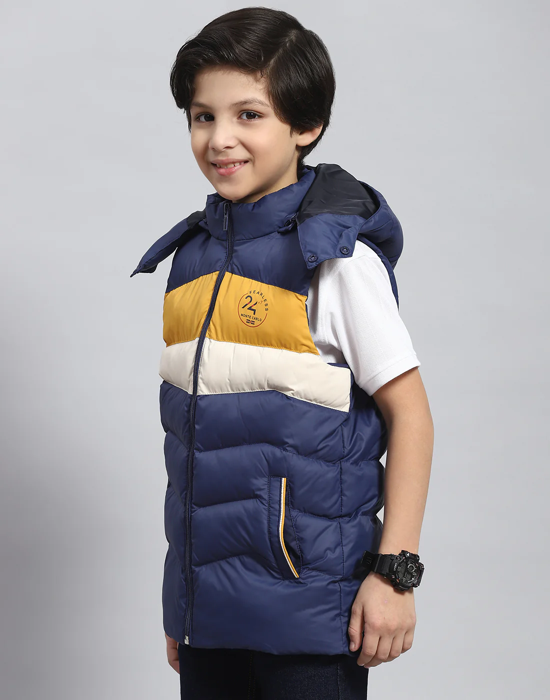 Boys Navy Blue Solid Hooded Sleeveless Boys Jacket - Image 3