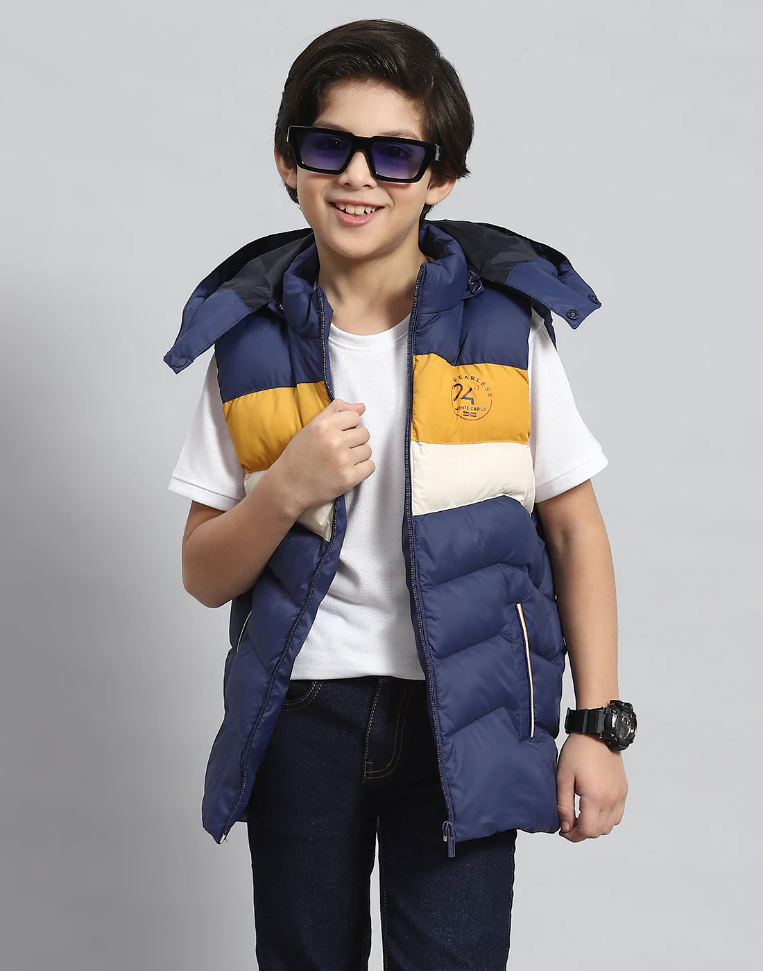 Boys Navy Blue Solid Hooded Sleeveless Boys Jacket - Image 6