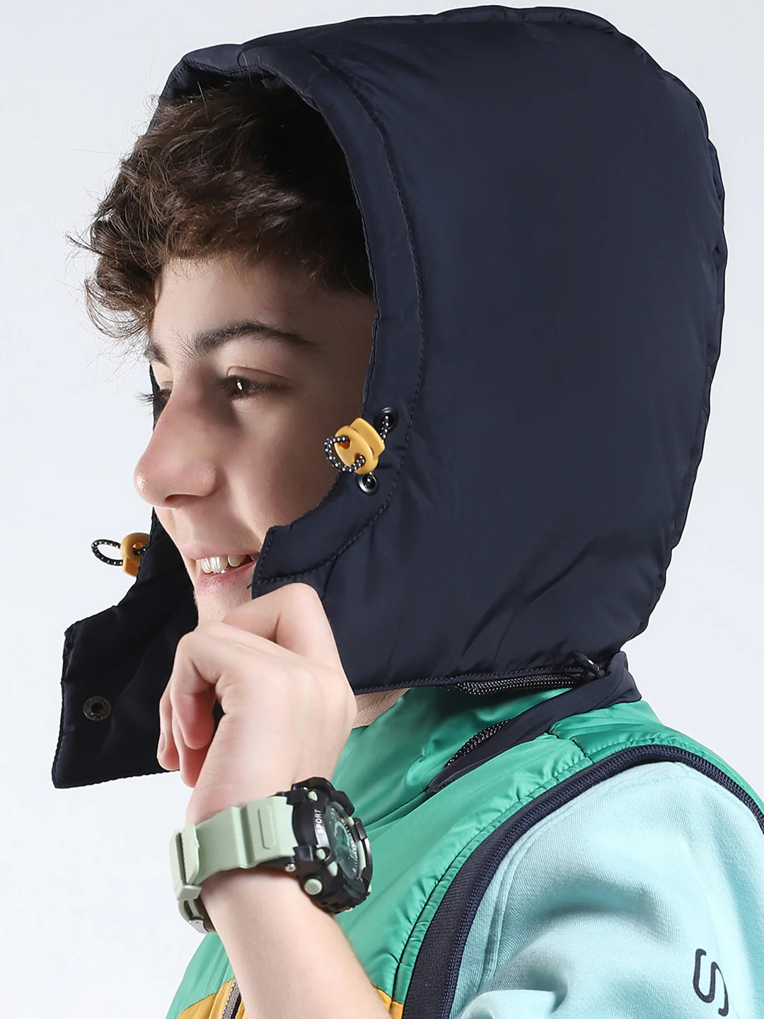Boys Navy Blue Solid Hooded Sleeveless Jacket - Image 7