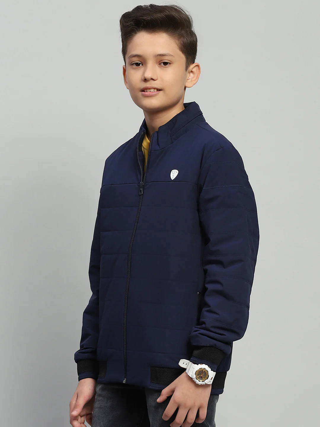 Boys Navy Blue Solid Mock Neck Full Sleeve Jacket - Image 3