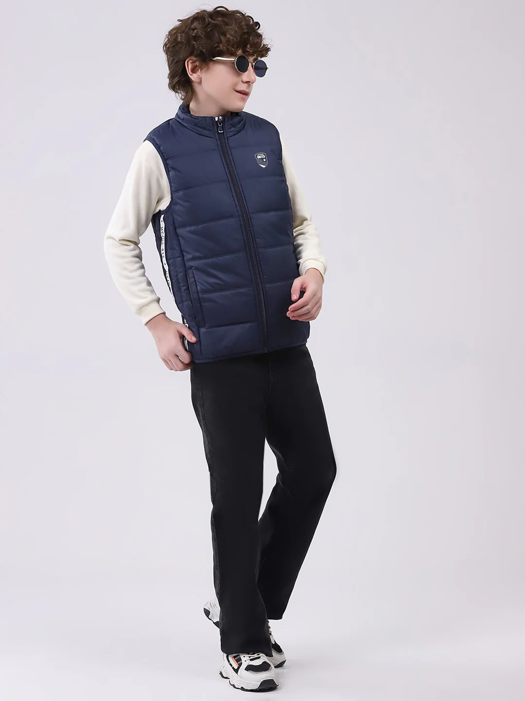 Boys Navy Blue Solid Mock Neck Sleeveless Boys Jacket - Image 2