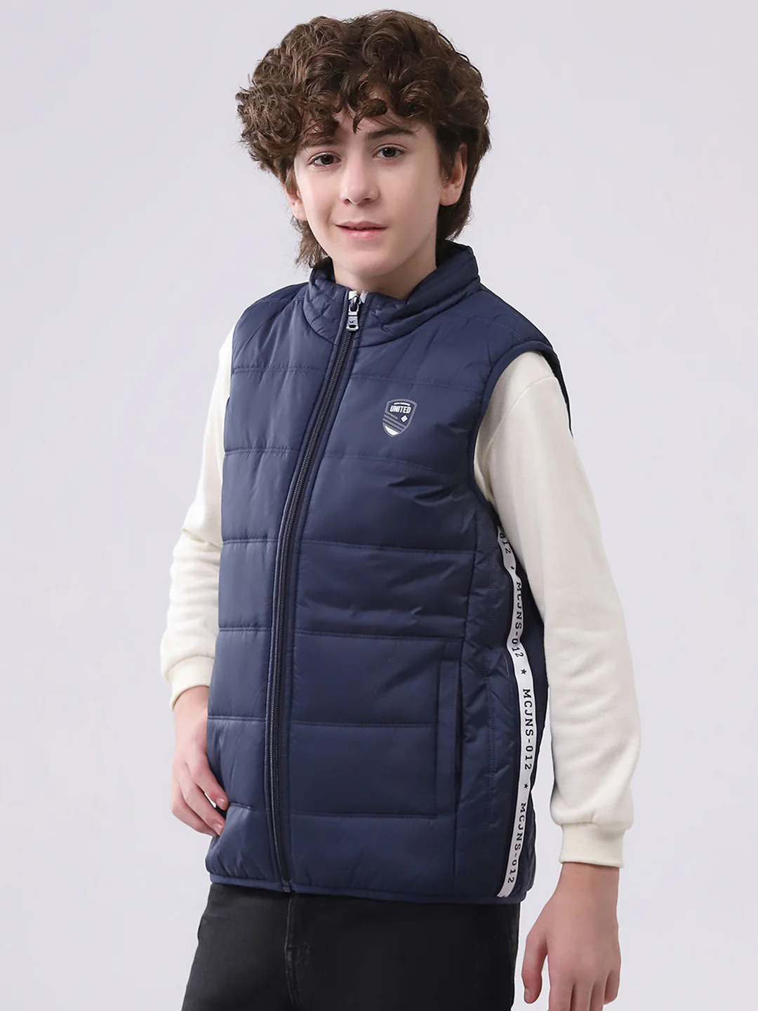 Boys Navy Blue Solid Mock Neck Sleeveless Boys Jacket - Image 3
