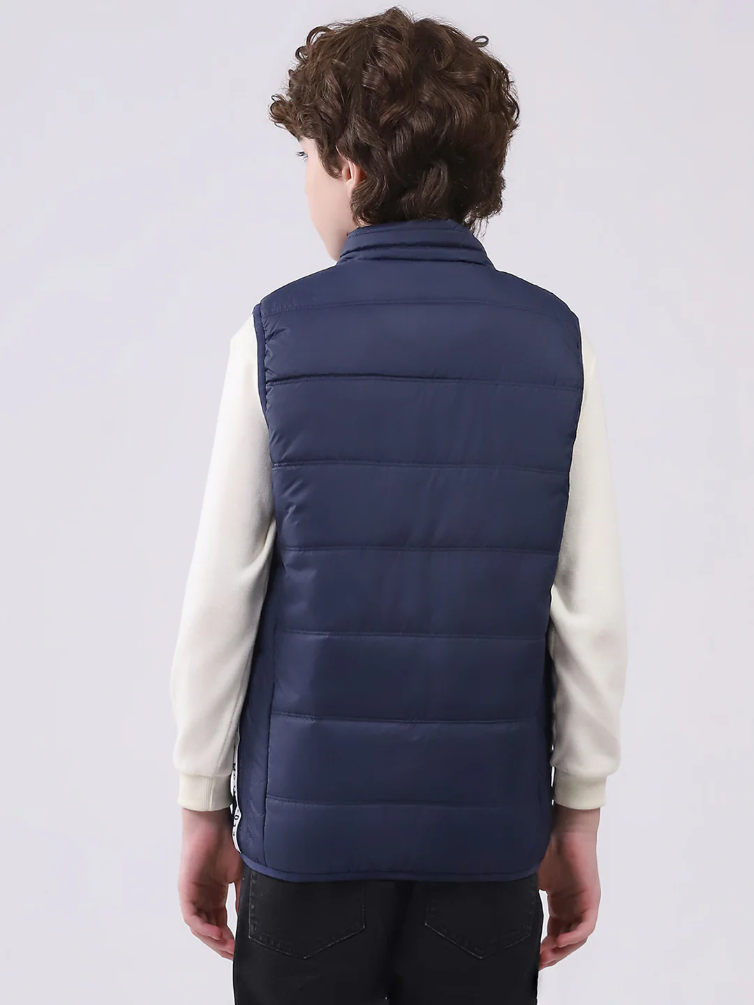 Boys Navy Blue Solid Mock Neck Sleeveless Boys Jacket - Image 5