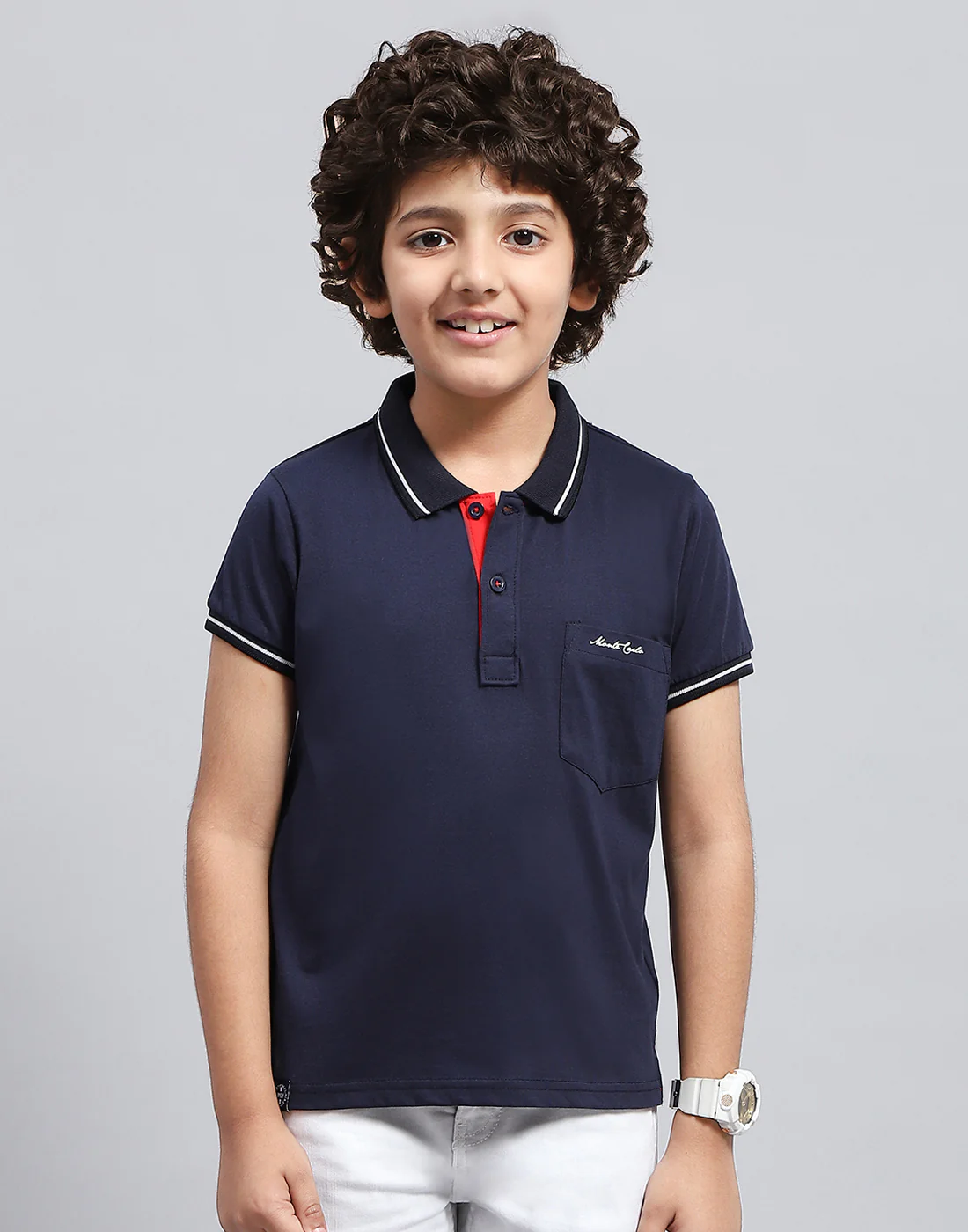 Boys Navy Blue Solid Polo Collar Half Sleeve T-Shirt - Image 2