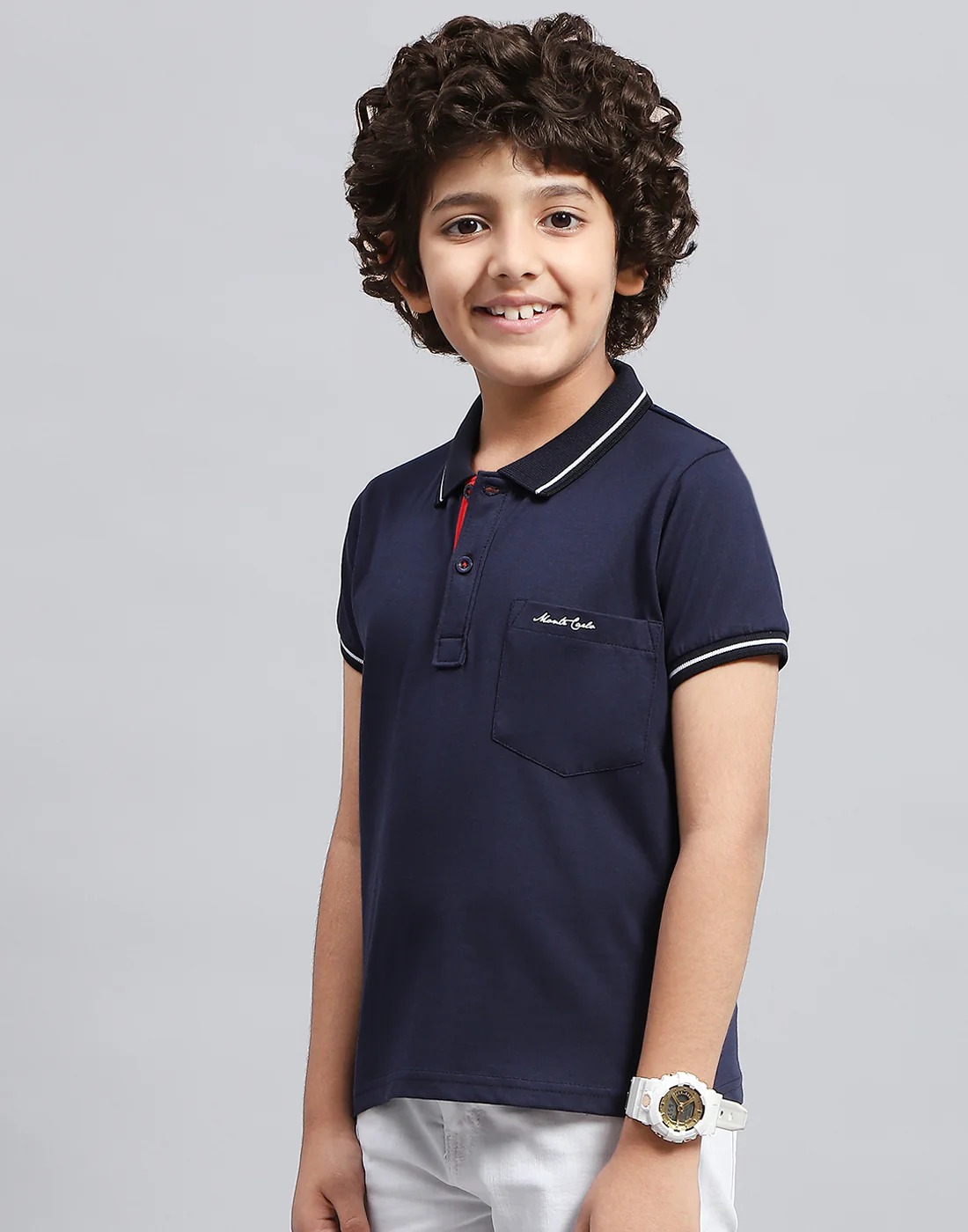 Boys Navy Blue Solid Polo Collar Half Sleeve T-Shirt - Image 3