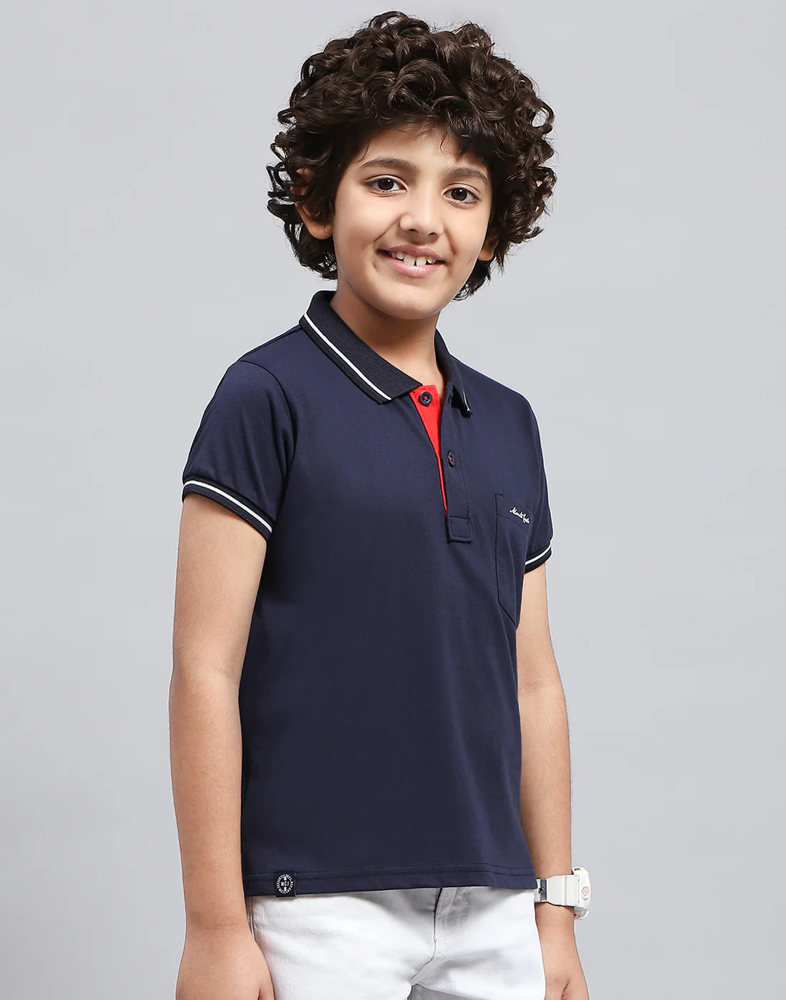 Boys Navy Blue Solid Polo Collar Half Sleeve T-Shirt - Image 4