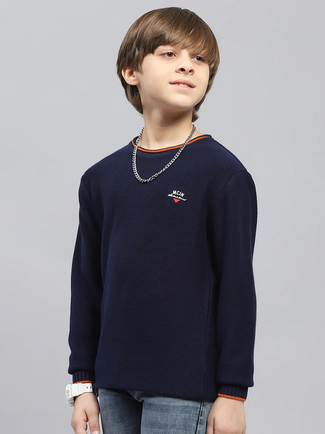 Boys Navy Blue Solid Round Neck Full Sleeve Pullover - Image 3