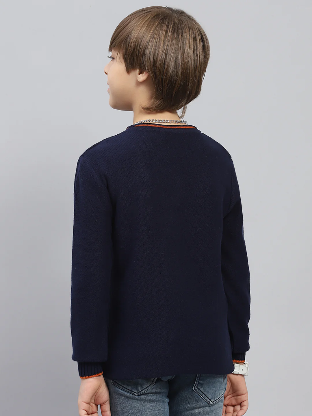 Boys Navy Blue Solid Round Neck Full Sleeve Pullover - Image 5