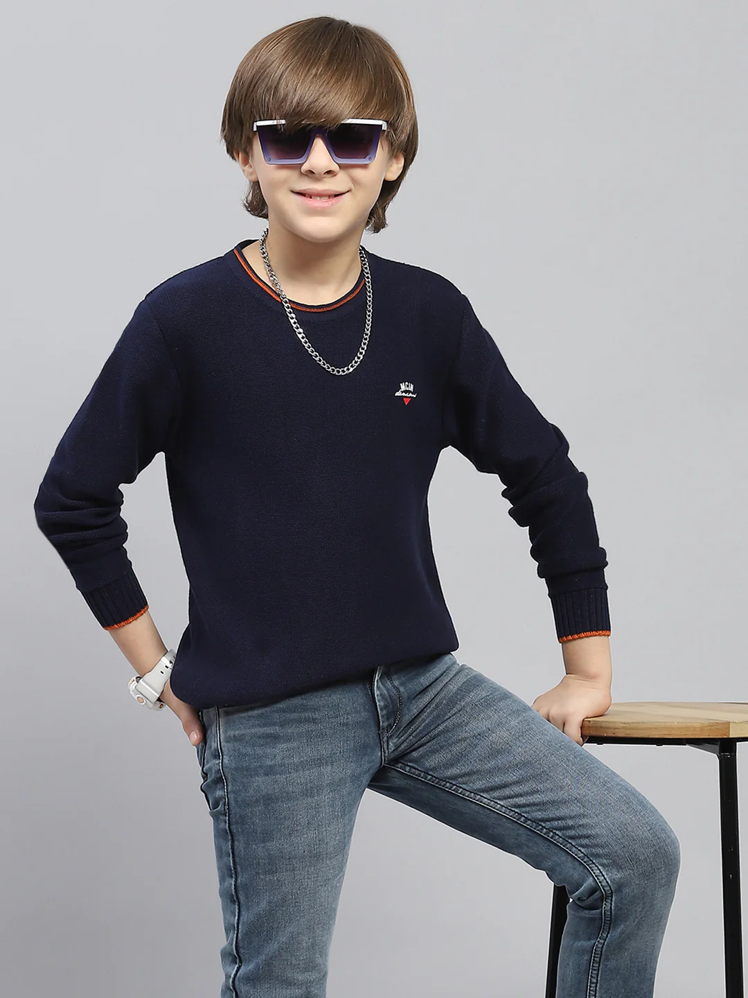 Boys Navy Blue Solid Round Neck Full Sleeve Pullover - Image 6