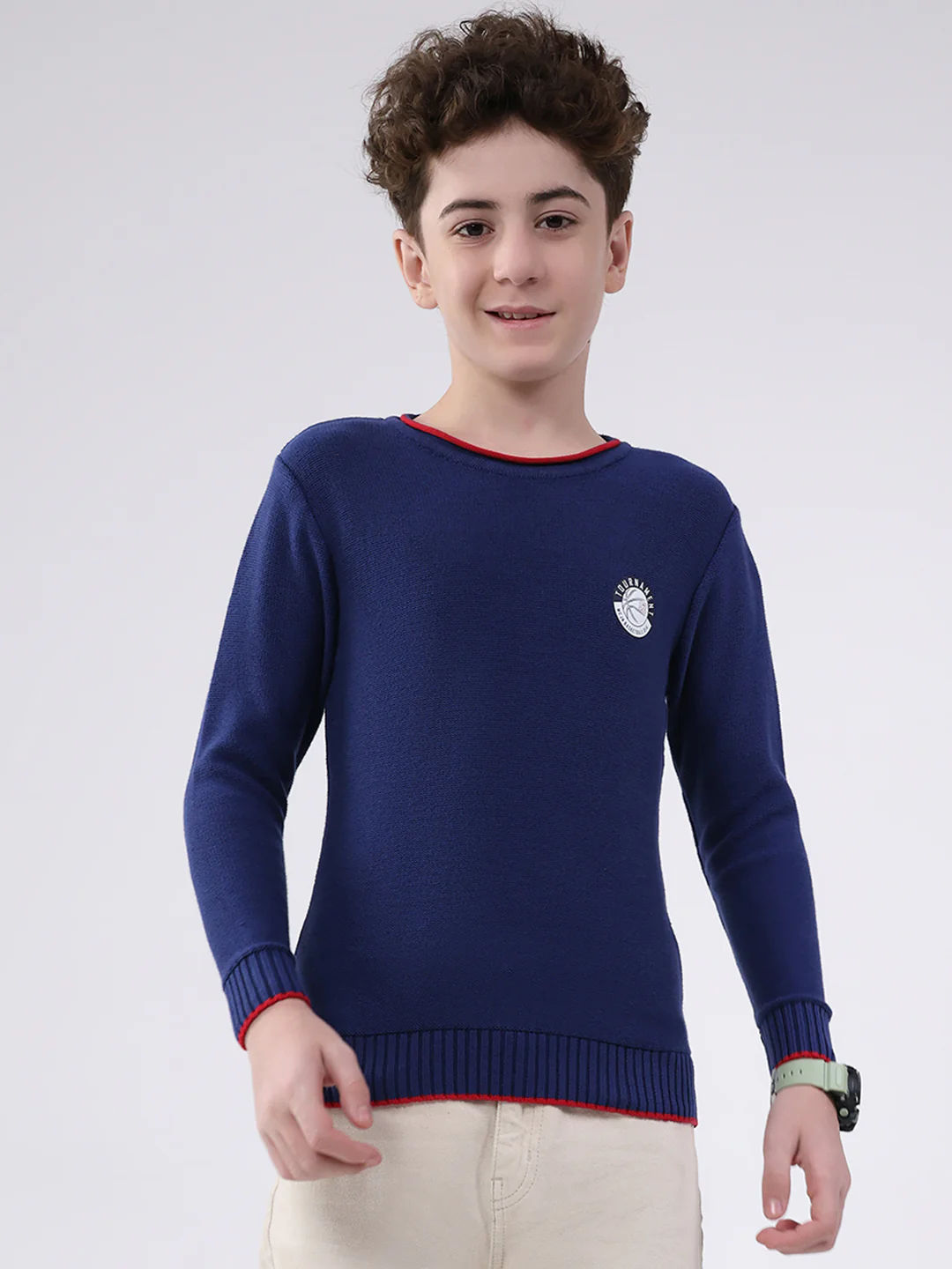 Boys Navy Blue Solid Round Neck Full Sleeve Pullover
