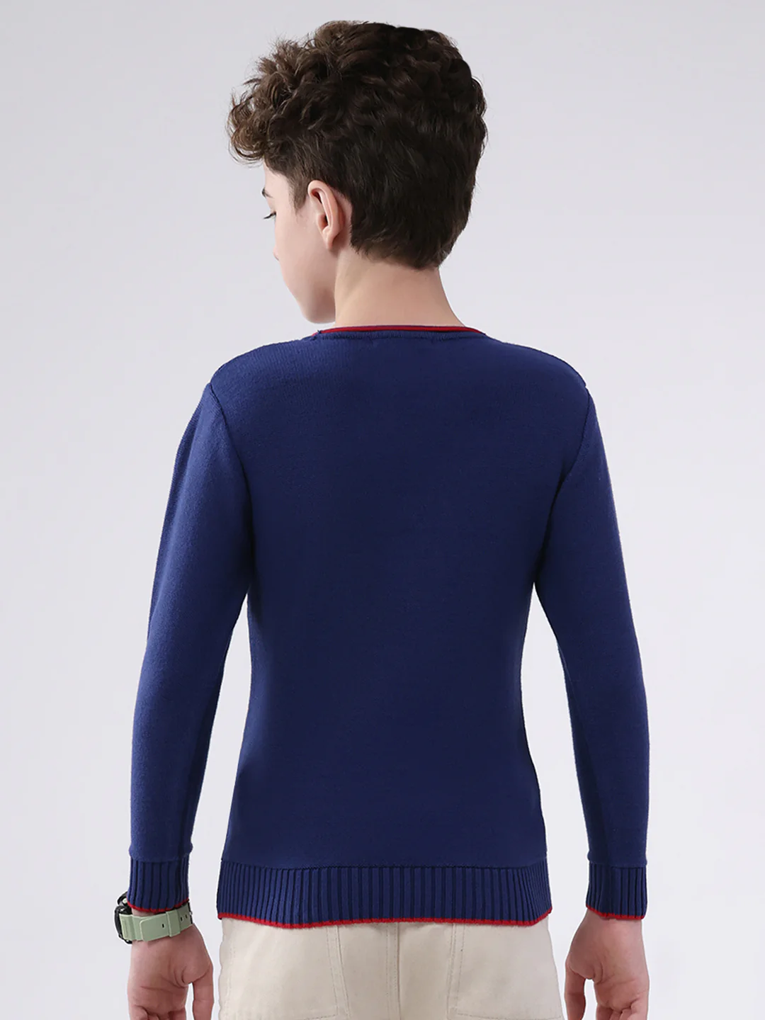 Boys Navy Blue Solid Round Neck Full Sleeve Pullover - Image 5