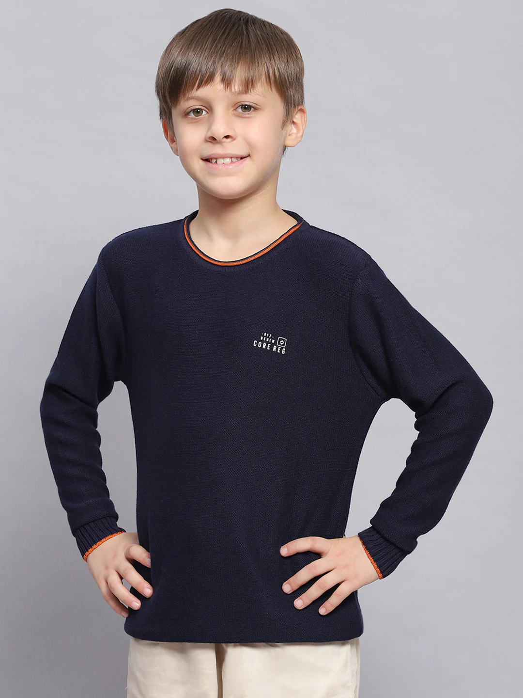 Boys Navy Blue Solid Round Neck Full Sleeve Sweater - Image 2