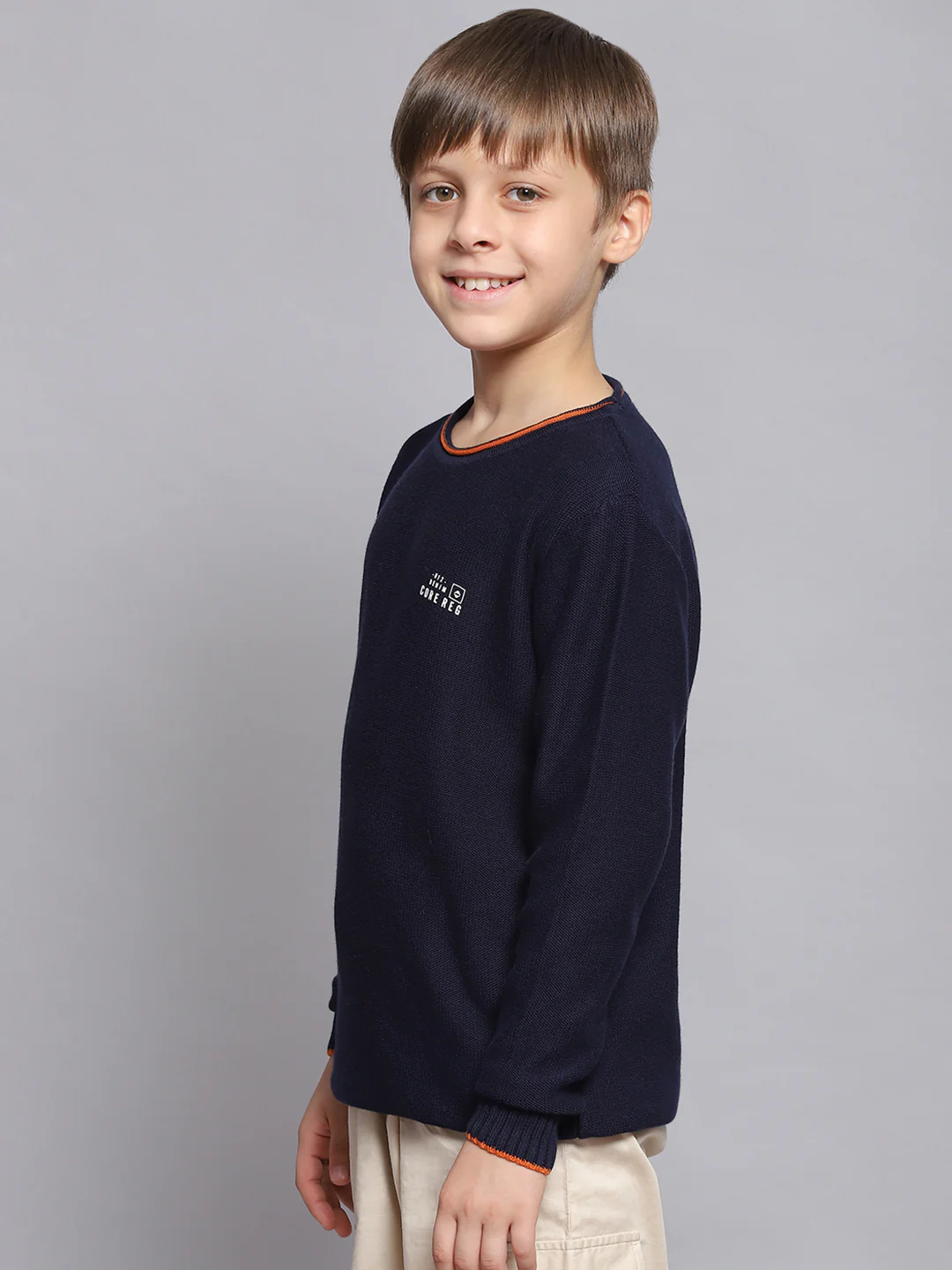 Boys Navy Blue Solid Round Neck Full Sleeve Sweater - Image 3