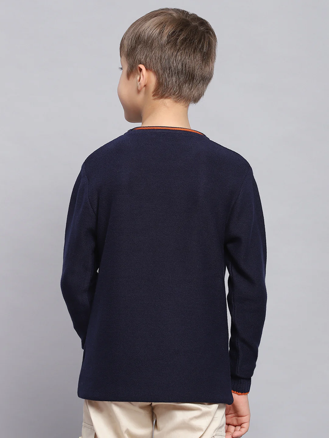 Boys Navy Blue Solid Round Neck Full Sleeve Sweater - Image 5