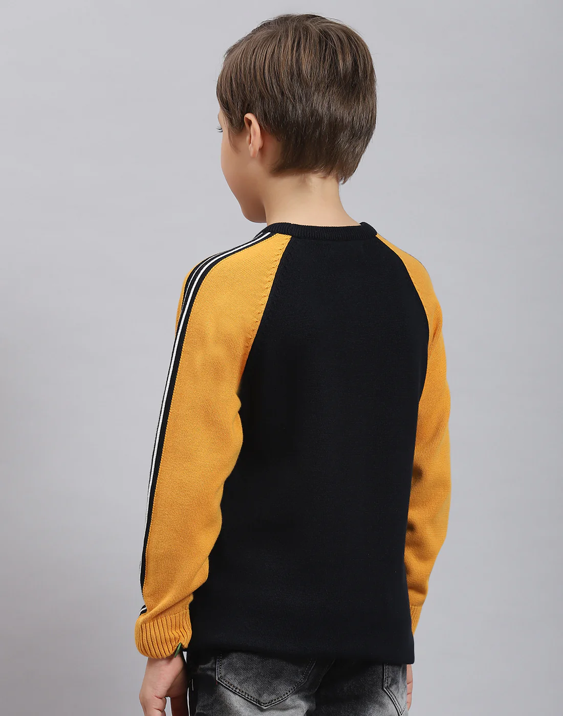 Boys Navy Blue Solid Round Neck Full Sleeve Sweater - Image 5
