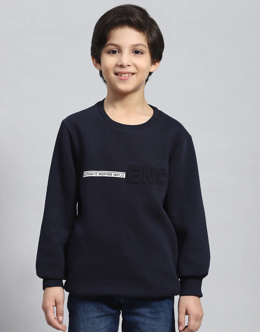 Boys Navy Blue Solid Round Neck Full Sleeve Sweatshirt - Image 2