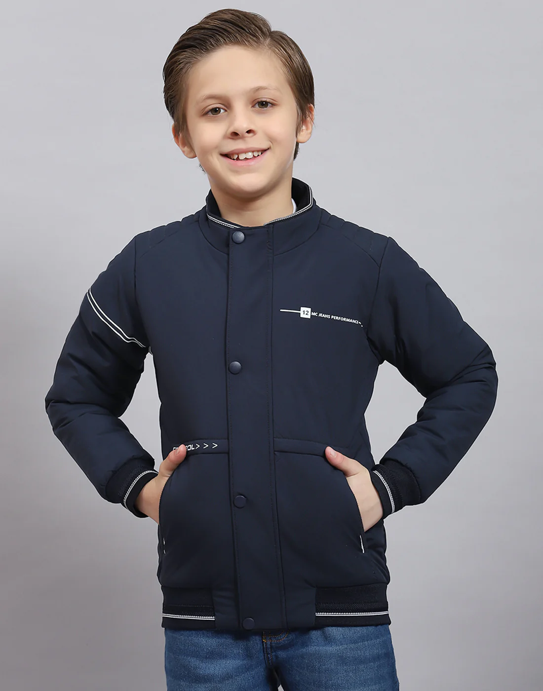 Boys Navy Blue Solid Stand Collar Full Sleeve Boys Jacket - Image 2