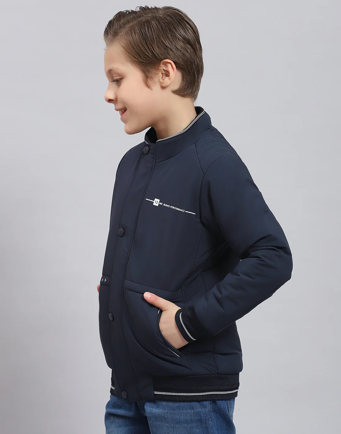 Boys Navy Blue Solid Stand Collar Full Sleeve Boys Jacket - Image 3