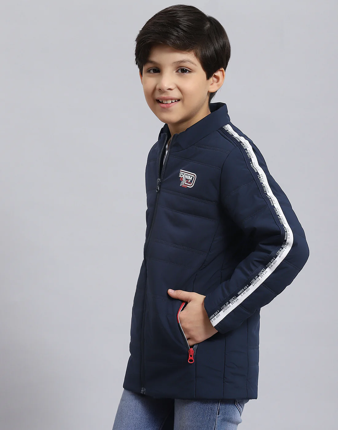 Boys Navy Blue Solid Stand Collar Full Sleeve Boys Jacket - Image 3