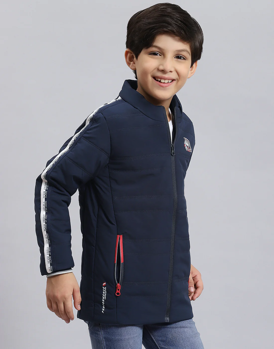 Boys Navy Blue Solid Stand Collar Full Sleeve Boys Jacket - Image 4