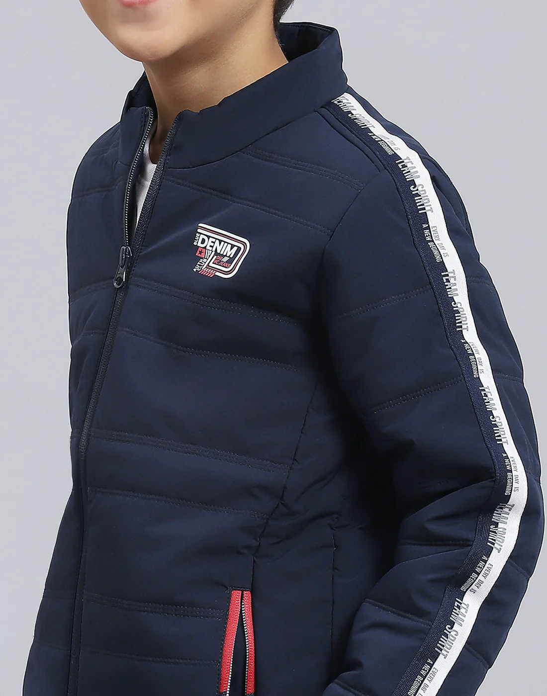 Boys Navy Blue Solid Stand Collar Full Sleeve Boys Jacket - Image 7