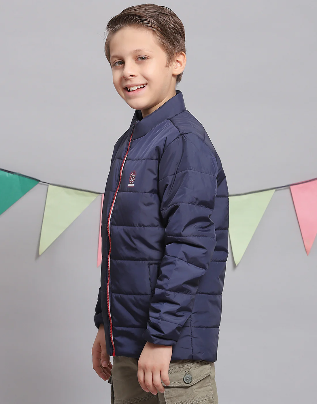 Boys Navy Blue Solid Stand Collar Full Sleeve Boys Jacket - Image 3