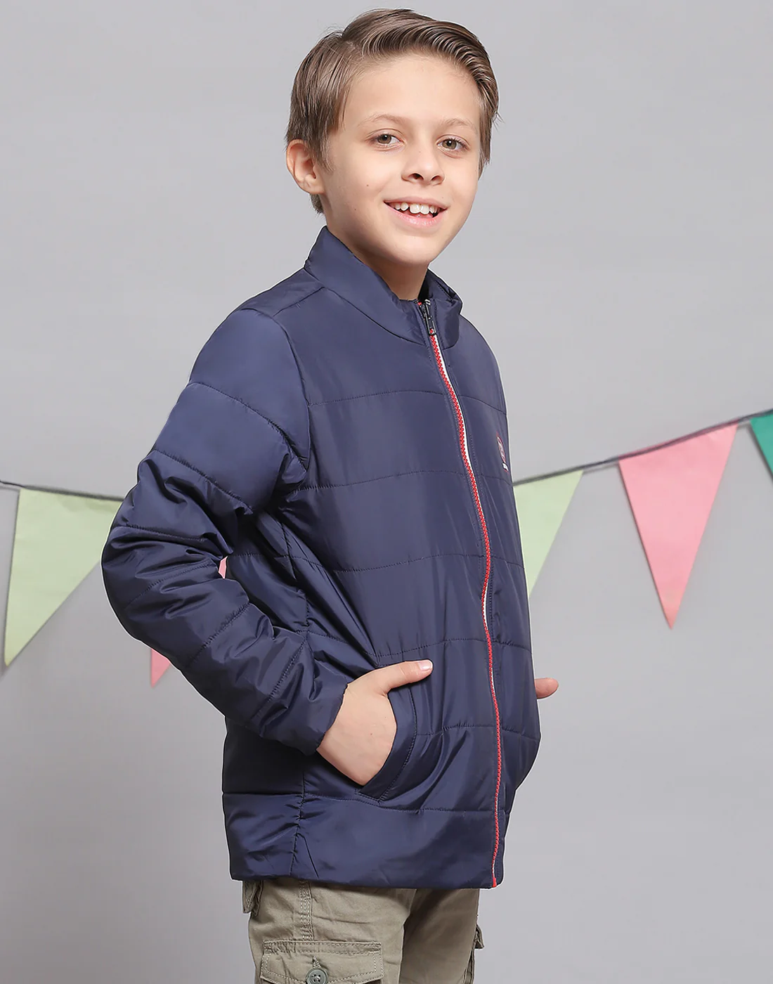 Boys Navy Blue Solid Stand Collar Full Sleeve Boys Jacket - Image 4
