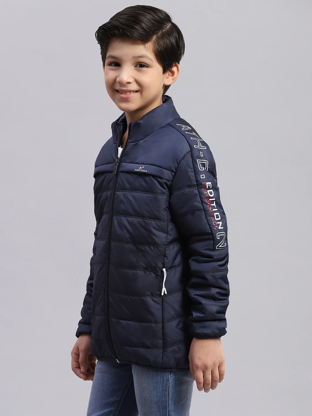 Boys Navy Blue Solid Stand Collar Full Sleeve Boys Jacket - Image 3