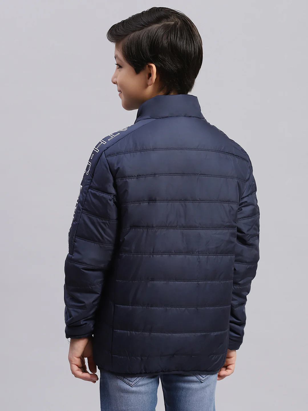 Boys Navy Blue Solid Stand Collar Full Sleeve Boys Jacket - Image 5