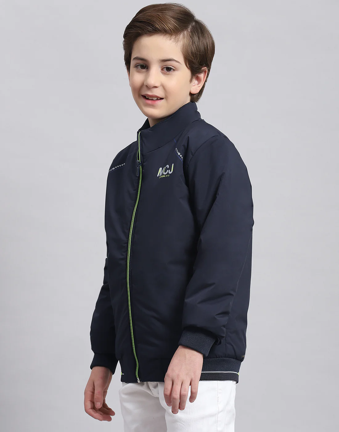 Boys Navy Blue Solid Stand Collar Full Sleeve Boys Jacket - Image 3