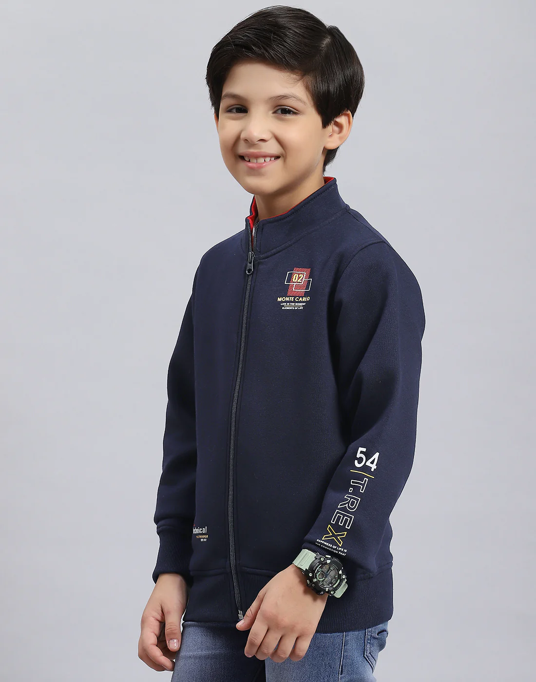 Boys Navy Blue Solid Stand Collar Full Sleeve Sweatshirt - Image 4