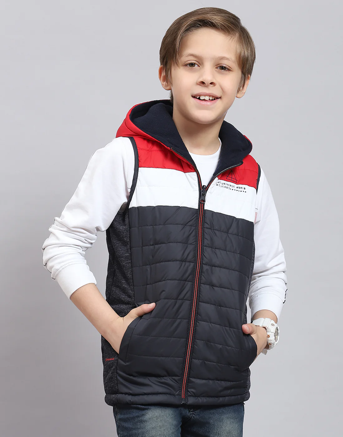 Boys Navy Blue Solid Stand Collar Sleeveless Boys Jacket - Image 2