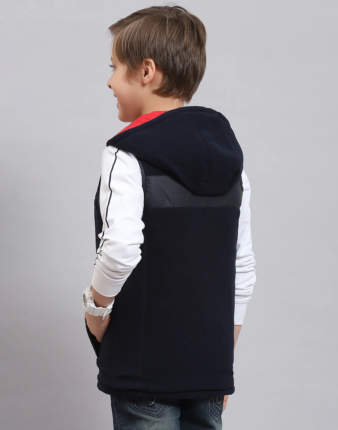 Boys Navy Blue Solid Stand Collar Sleeveless Boys Jacket - Image 8