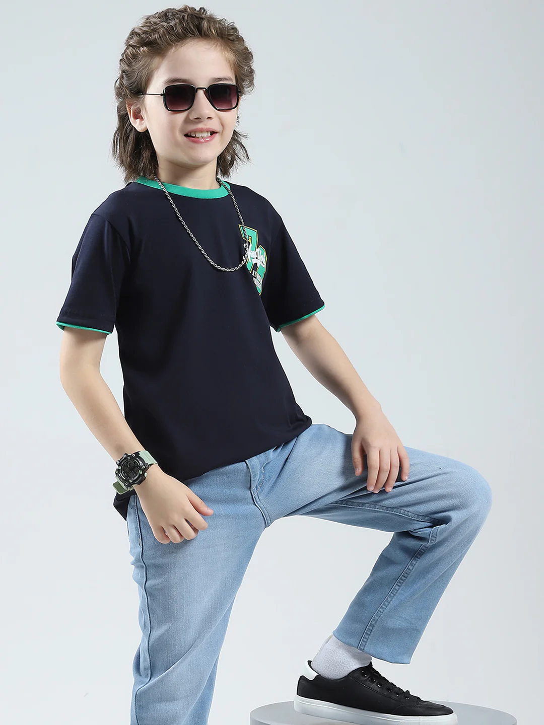 Boys Navy Blue Solid Round Neck Half Sleeve T-Shirt - Image 6