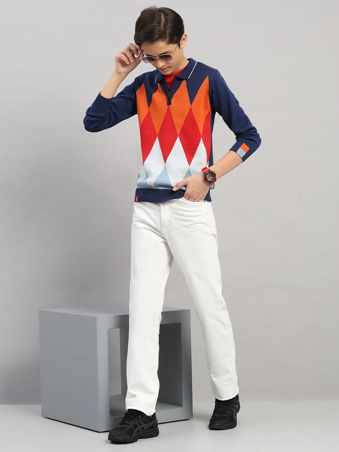 Boys Navy Blue Stripe Collar Full Sleeve Pullover - Image 2