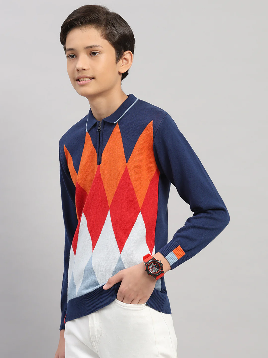 Boys Navy Blue Stripe Collar Full Sleeve Pullover - Image 3