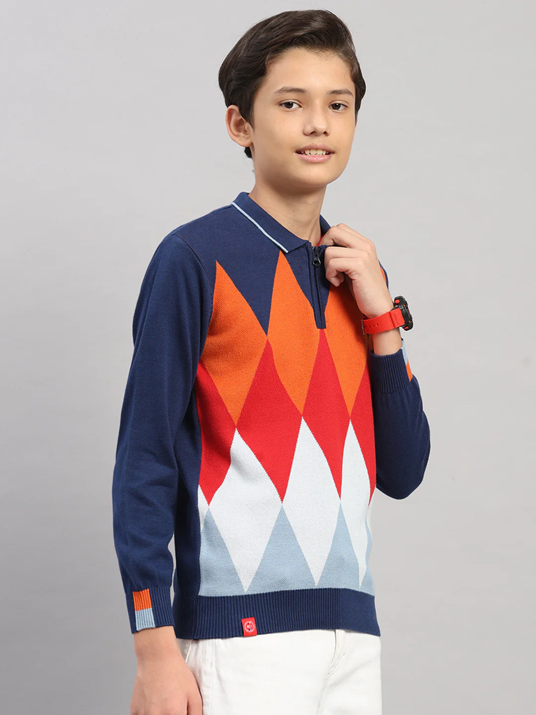 Boys Navy Blue Stripe Collar Full Sleeve Pullover - Image 4