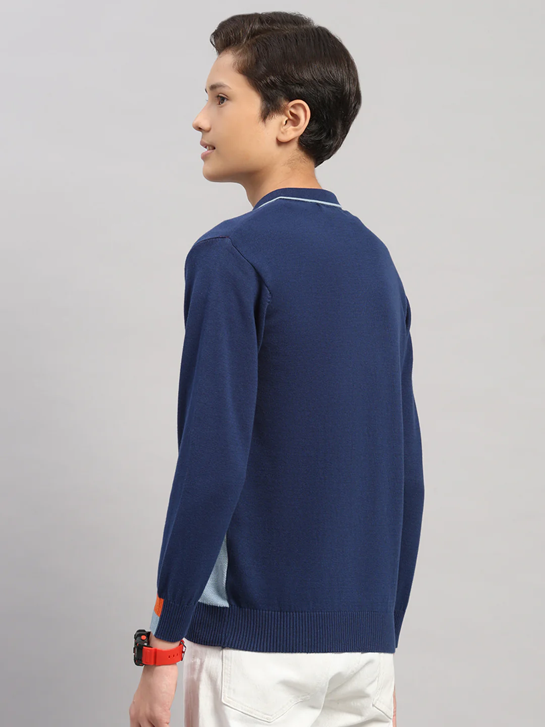 Boys Navy Blue Stripe Collar Full Sleeve Pullover - Image 5