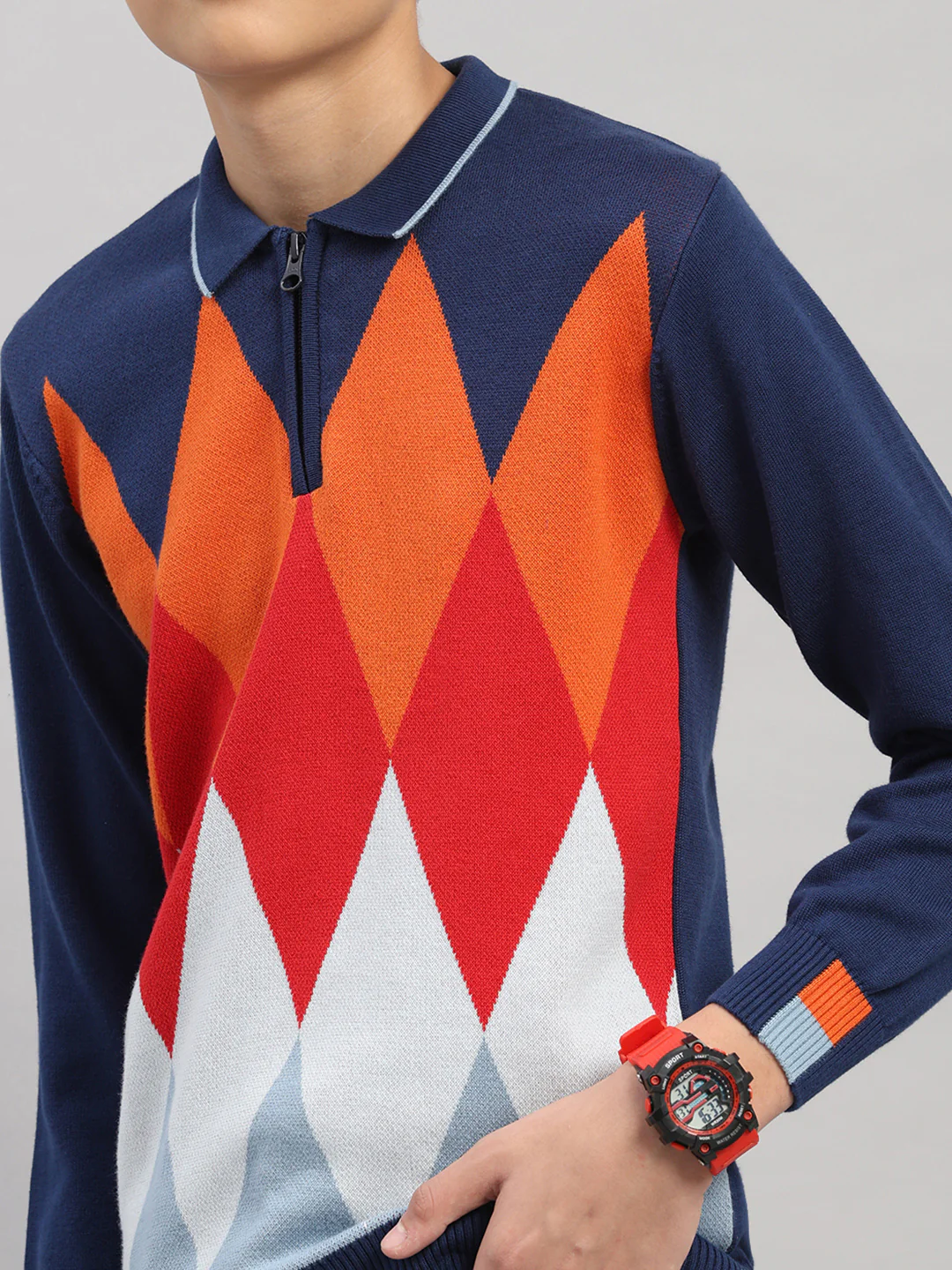 Boys Navy Blue Stripe Collar Full Sleeve Pullover - Image 6